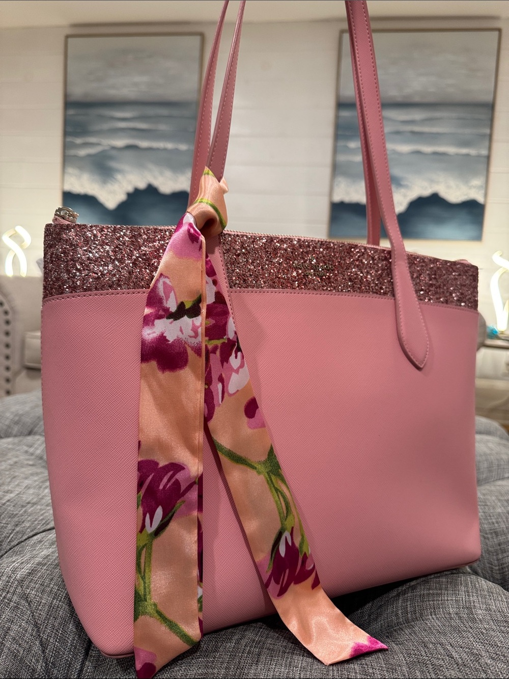 Kate Spade New York Bag Flash Glitter Pink Large Glitter-Trim Tote - Picture 3 of 17